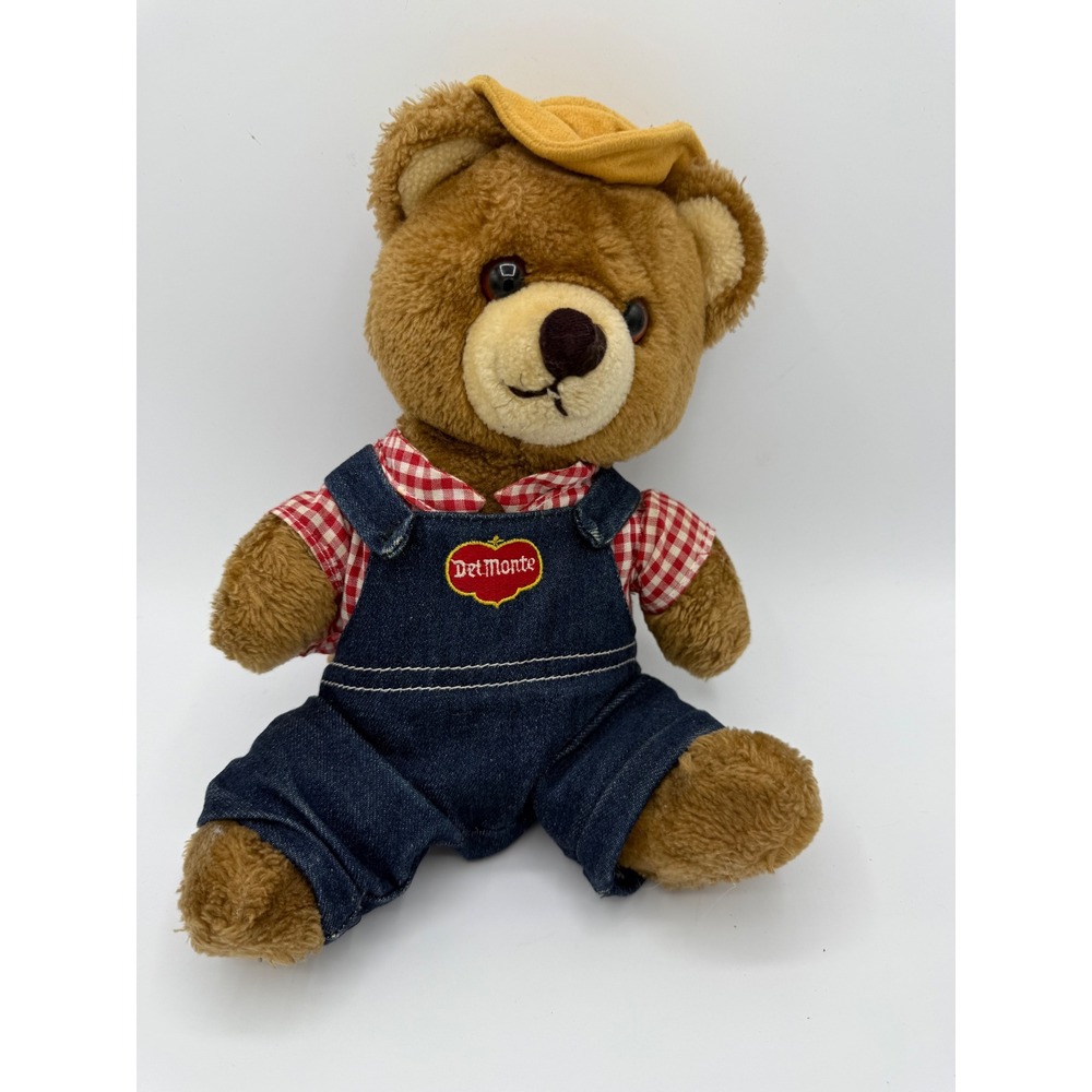 Vintage 1985 Del Monte Country Spumoni Bear Plush Gingham Shirt Denim Overalls